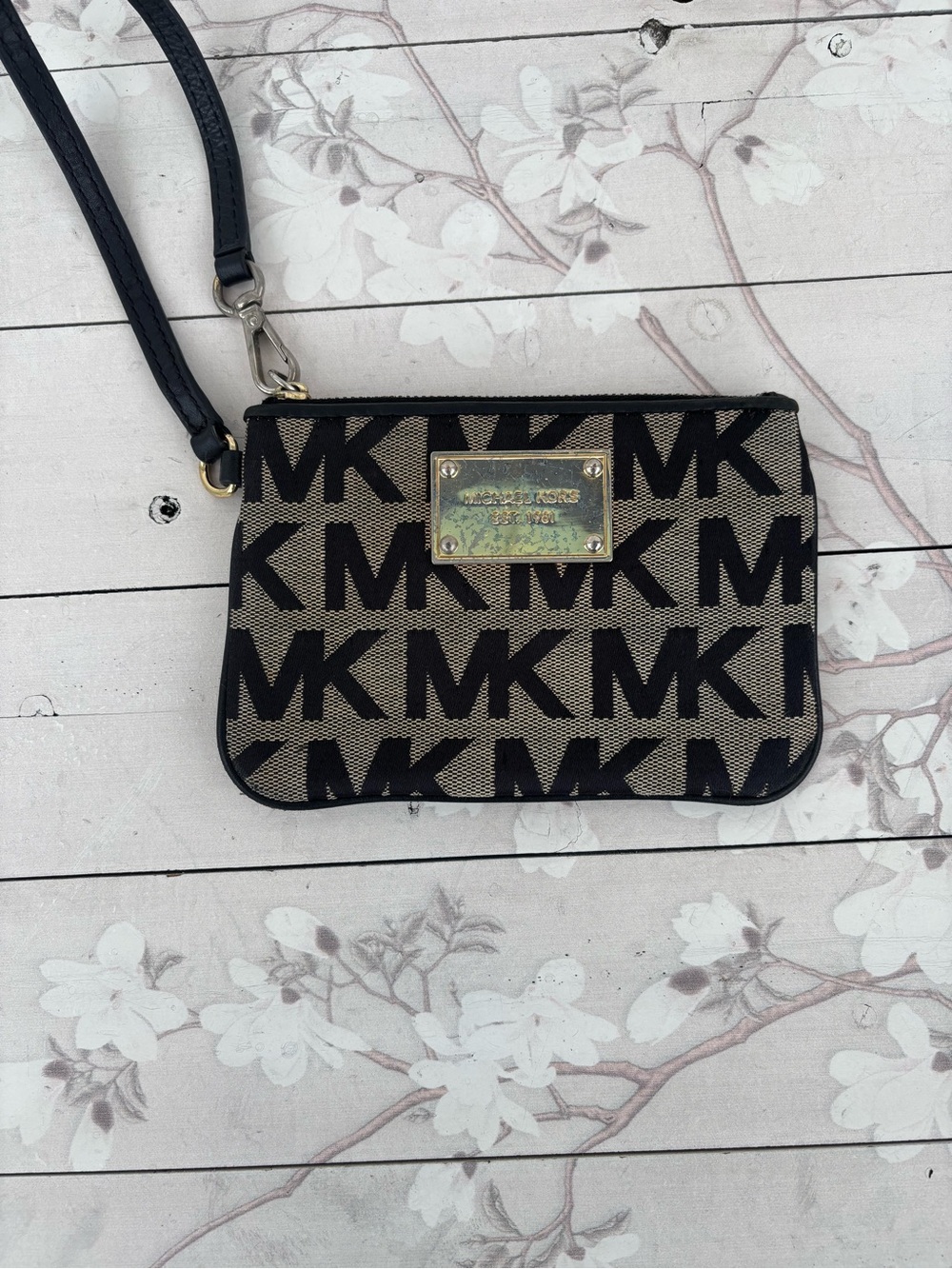 Michael Kors Black and Tan MK Logo Wristlet with Gold Plate Accent